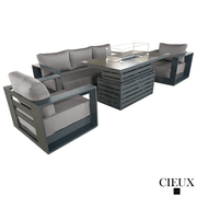 CIEUX Sofa Set Lyon 4 Piece Outdoor Patio Aluminum Metal Sofa and 2 Club Chairs Conversation Set with Alsace Fire Pit Adjustable Height Table in Midnight Grey with Sunbrella Cushions - Available in 2 Colours