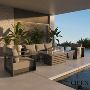 CIEUX Sofa Set Lyon 4 Piece Outdoor Patio Aluminum Metal Sofa and 2 Club Chairs Conversation Set with Alsace Fire Pit Adjustable Height Table in Midnight Grey with Sunbrella Cushions - Available in 2 Colours