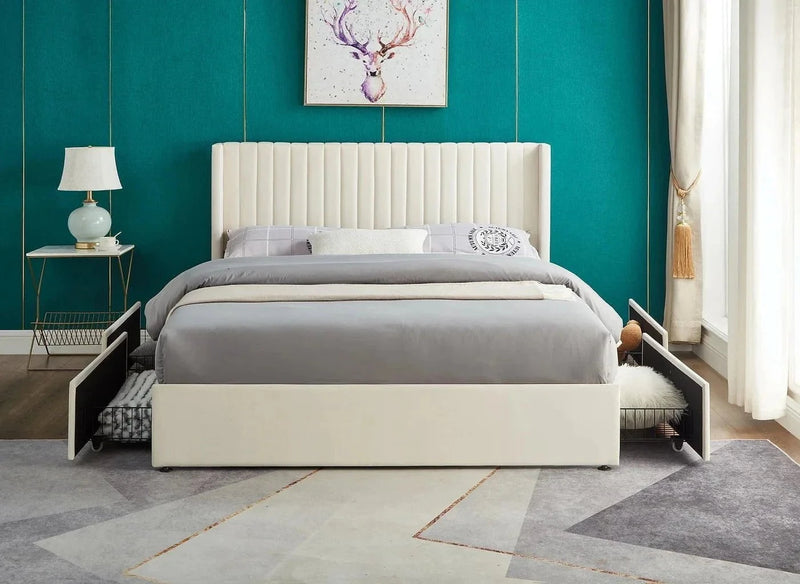 IFDC Bed Brandon Velvet Wingback Platform Bed with 4 Storage Drawers - Available in 2 Sizes and 2 Colours
