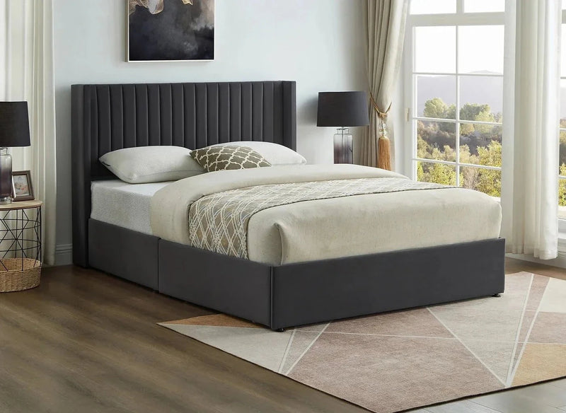 IFDC Bed Brandon Velvet Wingback Platform Bed with 4 Storage Drawers - Available in 2 Sizes and 2 Colours