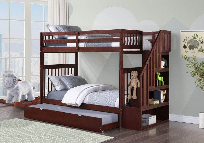 IFDC Bunk Bed Espresso / Bunk Bed with Stairway Chest and Pull-Out Trundle Columbia Solid Wood Mission Twin over Twin Bunk Bed with Reversible Storage Stairway Chest - Available in 3 Colours