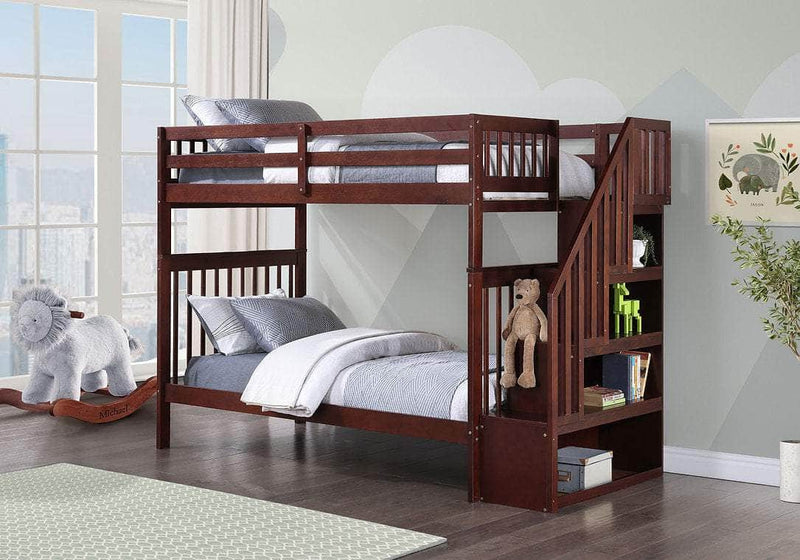 IFDC Bunk Bed Espresso / Bunk Bed with Stairway Chest Only Columbia Solid Wood Mission Twin over Twin Bunk Bed with Reversible Storage Stairway Chest - Available in 3 Colours