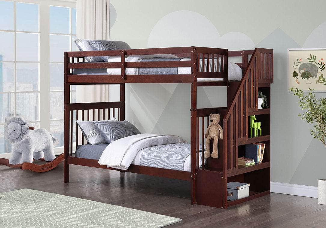 IFDC Columbia Solid Wood Mission Twin over Twin Bunk Bed with Reversible Storage Stairway Chest, image 1
