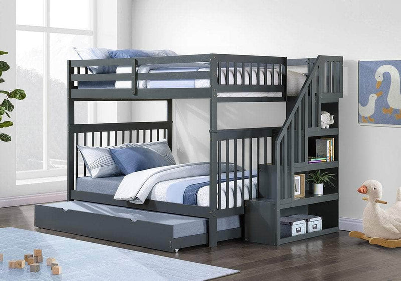 IFDC Bunk Bed Grey / Bunk Bed with Stairway Chest and Pull-Out Trundle Columbia Solid Wood Mission Full over Full Bunk Bed with Reversible Storage Stairway Chest - Available in 3 Colours