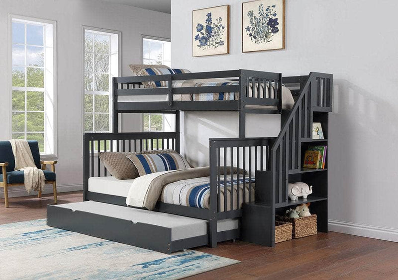 IFDC Bunk Bed Grey / Bunk Bed with Stairway Chest and Pull-Out Trundle Columbia Solid Wood Mission Twin over Full Bunk Bed with Reversible Storage Stairway Chest - Available in 3 Colours