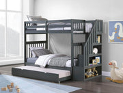 IFDC Bunk Bed Grey / Bunk Bed with Stairway Chest and Pull-Out Trundle Columbia Solid Wood Mission Twin over Twin Bunk Bed with Reversible Storage Stairway Chest - Available in 3 Colours