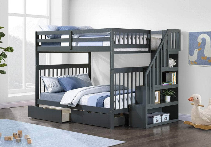IFDC Bunk Bed Grey / Bunk Bed with Stairway Chest and Storage Drawers Columbia Solid Wood Mission Full over Full Bunk Bed with Reversible Storage Stairway Chest - Available in 3 Colours