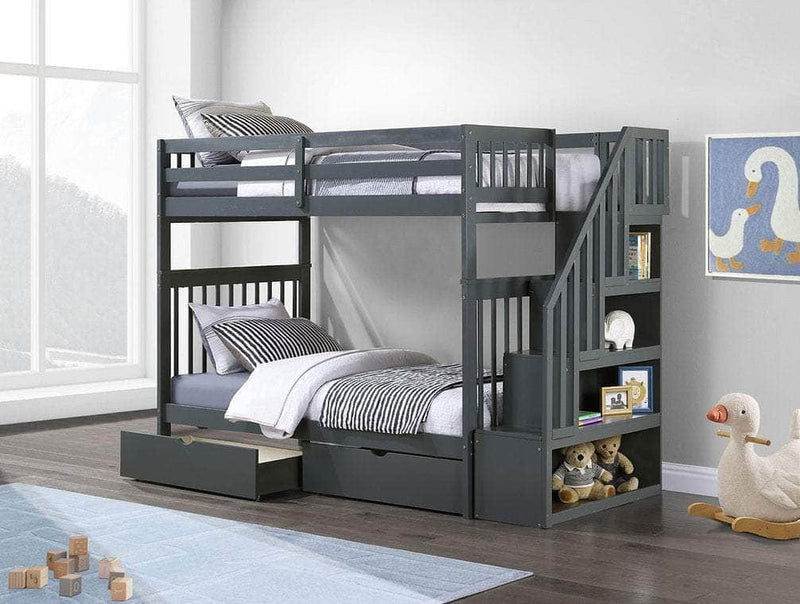IFDC Bunk Bed Grey / Bunk Bed with Stairway Chest and Storage Drawers Columbia Solid Wood Mission Twin over Twin Bunk Bed with Reversible Storage Stairway Chest - Available in 3 Colours