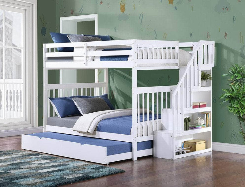IFDC Bunk Bed White / Bunk Bed with Stairway Chest and Pull-Out Trundle Columbia Solid Wood Mission Full over Full Bunk Bed with Reversible Storage Stairway Chest - Available in 3 Colours