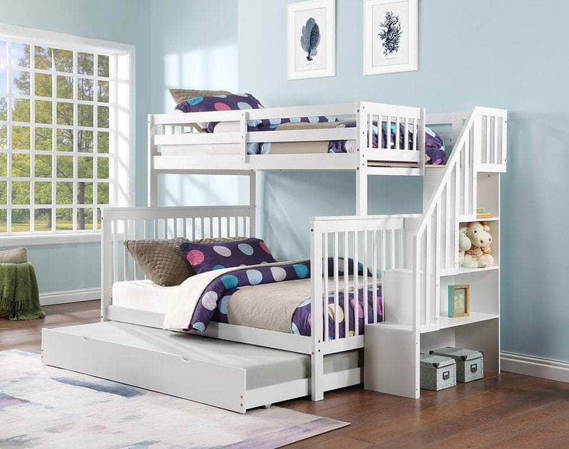 IFDC Bunk Bed White / Bunk Bed with Stairway Chest and Pull-Out Trundle Columbia Solid Wood Mission Twin over Full Bunk Bed with Reversible Storage Stairway Chest - Available in 3 Colours