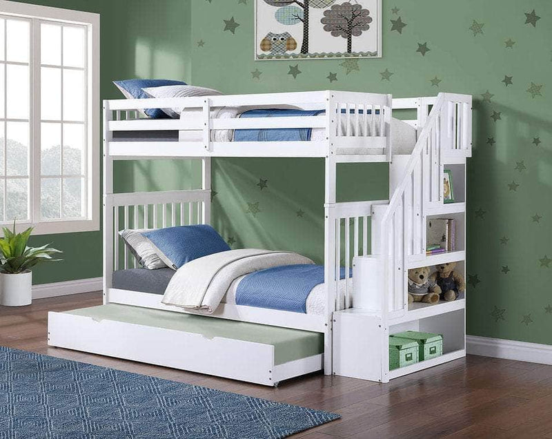 IFDC Bunk Bed White / Bunk Bed with Stairway Chest and Pull-Out Trundle Columbia Solid Wood Mission Twin over Twin Bunk Bed with Reversible Storage Stairway Chest - Available in 3 Colours