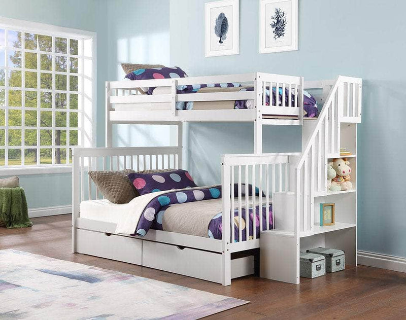 IFDC Bunk Bed White / Bunk Bed with Stairway Chest and Storage Drawers Columbia Solid Wood Mission Twin over Full Bunk Bed with Reversible Storage Stairway Chest - Available in 3 Colours