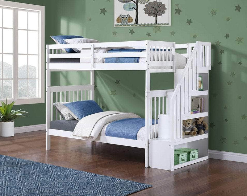 IFDC Bunk Bed White / Bunk Bed with Stairway Chest Only Columbia Solid Wood Mission Twin over Twin Bunk Bed with Reversible Storage Stairway Chest - Available in 3 Colours