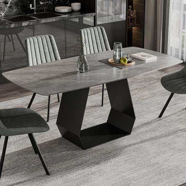 IFDC Dining Set Dining Table Camrose 7 Piece Sintered Stone Armani Grey Marble Top with Carbon Black Steel Base Dining Room Furniture Set