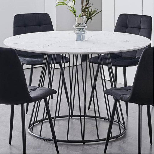 IFDC Dining Set Dining Table / White Marble Magrath 5 Piece Round White Marble Veneer Top with Black Pedestal Steel Base Dining Room Furniture Set