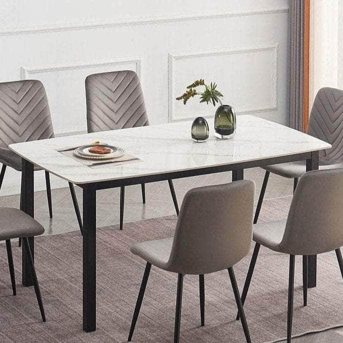 IFDC Dining Set Dining Table / White Marble Swift Current 7 Piece Sintered Stone White Marble Top with Black Steel Legs Dining Room Furniture Set