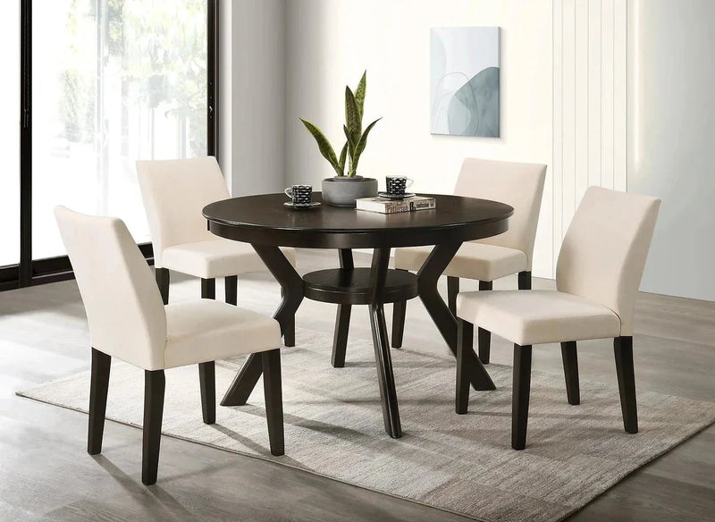 IFDC Dining Set Table and 4 White Upholstered Chairs Rossland 5 Piece Round Espresso Dining Room Furniture Set - Available in 3 Colours