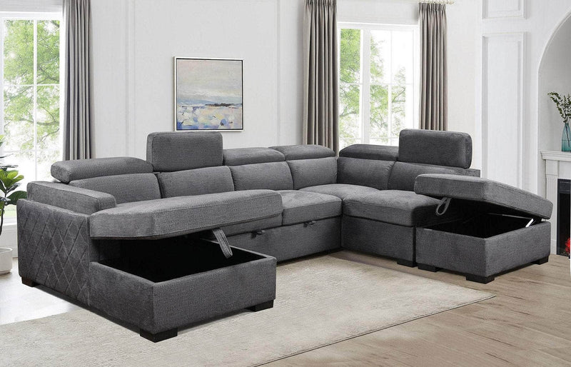 IFDC Sectional Airdrie Sleeper Sectional Sofa Bed with Left Facing Storage Chaise, Storage Ottoman and Adjustable Headrests in Grey