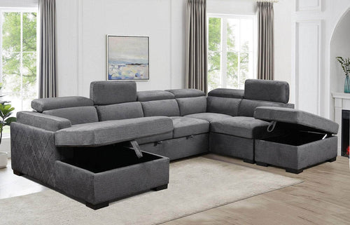 IFDC Sectional Airdrie Sleeper Sectional Sofa Bed with Left Facing Storage Chaise, Storage Ottoman and Adjustable Headrests in Grey