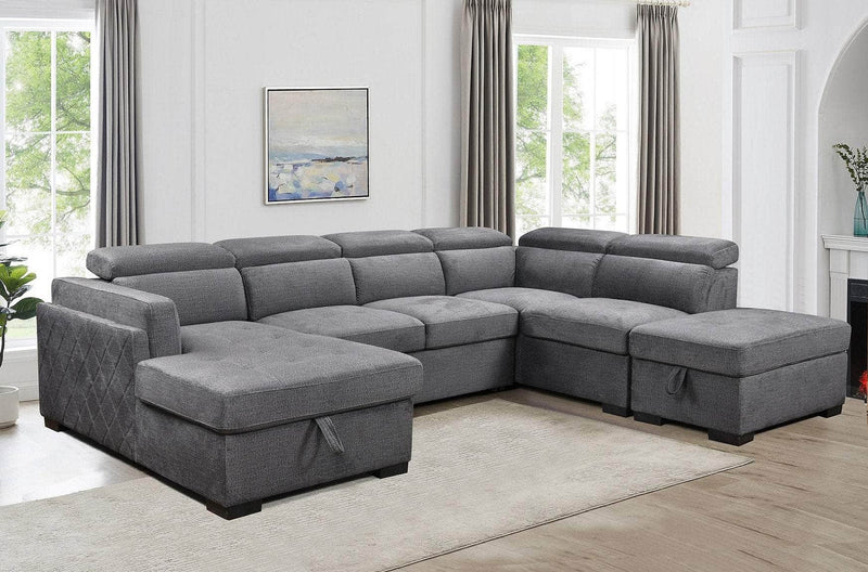 IFDC Sectional Airdrie Sleeper Sectional Sofa Bed with Left Facing Storage Chaise, Storage Ottoman and Adjustable Headrests in Grey
