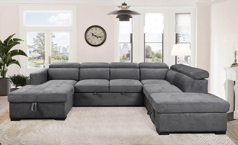 IFDC Sectional Airdrie Sleeper Sectional Sofa Bed with Left Facing Storage Chaise, Storage Ottoman and Adjustable Headrests in Grey