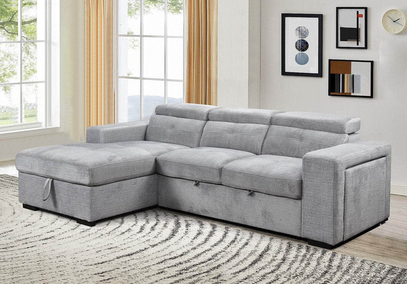 IFDC Sectional Left Facing Chaise Okotoks Tufted Sleeper Sectional Sofa Bed with Cupholder, Charger, Adjustable Headrests and Storage Chaise in Grey - Available in 2 Configurations