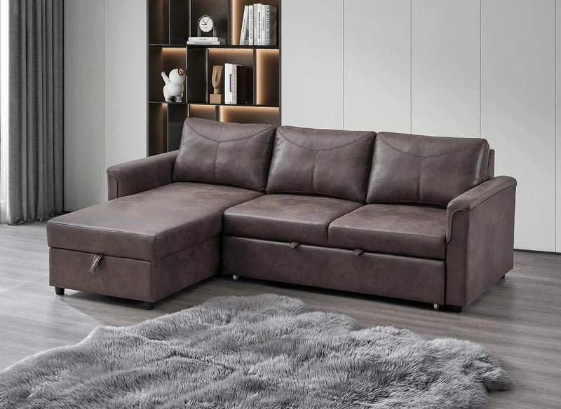 IFDC Sectional Left Facing Chaise Thorold 93" Brown Sectional Sofa Bed with Storage Chaise and Drop Down Cup Holders - Available in 2 Configurations