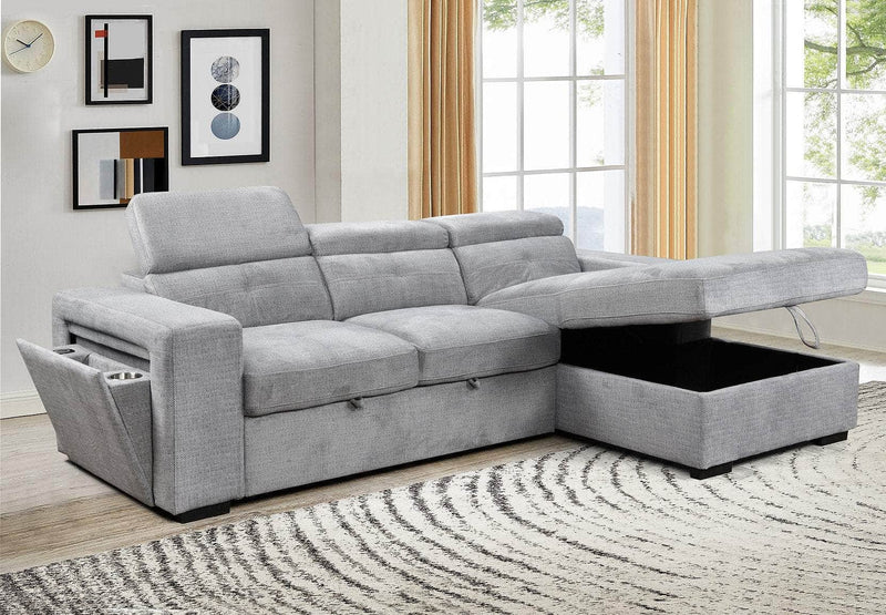 IFDC Sectional Okotoks Tufted Sleeper Sectional Sofa Bed with Cupholder, Charger, Adjustable Headrests and Storage Chaise in Grey - Available in 2 Configurations