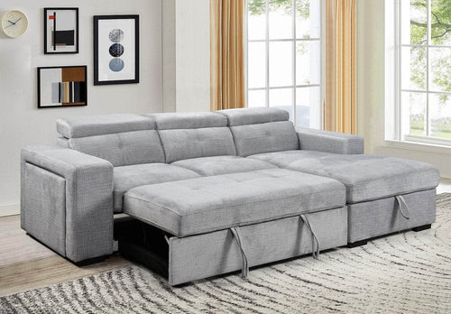 IFDC Sectional Okotoks Tufted Sleeper Sectional Sofa Bed with Cupholder, Charger, Adjustable Headrests and Storage Chaise in Grey - Available in 2 Configurations
