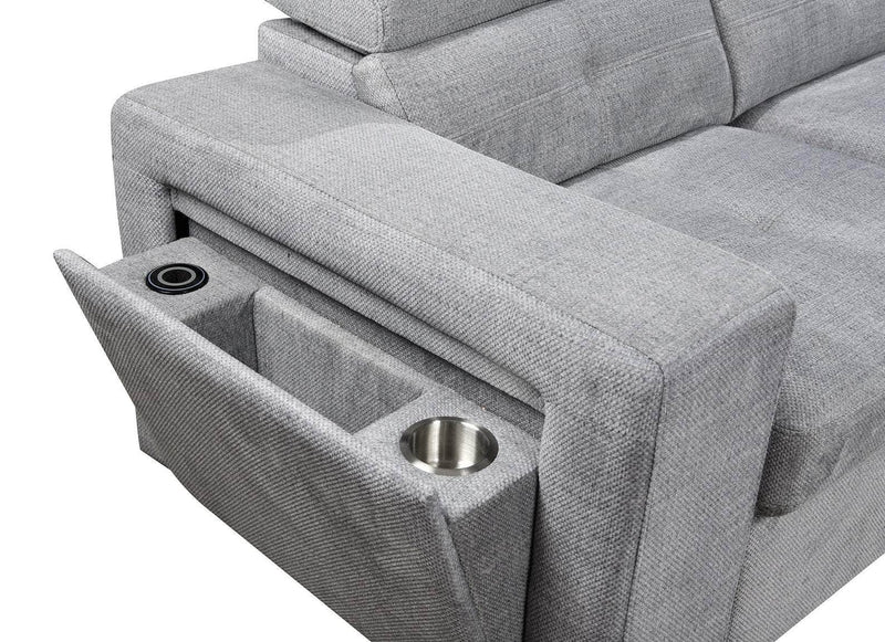 IFDC Sectional Okotoks Tufted Sleeper Sectional Sofa Bed with Cupholder, Charger, Adjustable Headrests and Storage Chaise in Grey - Available in 2 Configurations
