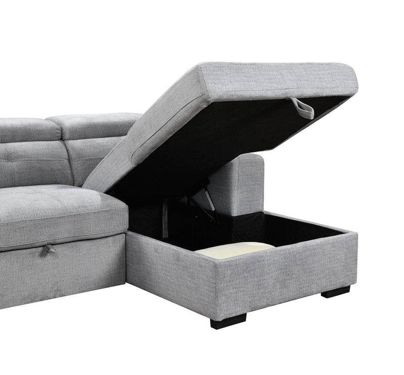 IFDC Sectional Okotoks Tufted Sleeper Sectional Sofa Bed with Cupholder, Charger, Adjustable Headrests and Storage Chaise in Grey - Available in 2 Configurations