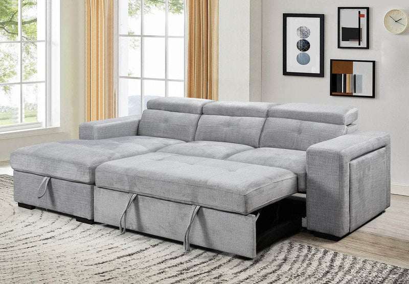 IFDC Sectional Okotoks Tufted Sleeper Sectional Sofa Bed with Cupholder, Charger, Adjustable Headrests and Storage Chaise in Grey - Available in 2 Configurations