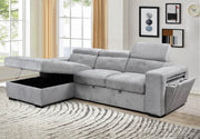 IFDC Sectional Okotoks Tufted Sleeper Sectional Sofa Bed with Cupholder, Charger, Adjustable Headrests and Storage Chaise in Grey - Available in 2 Configurations