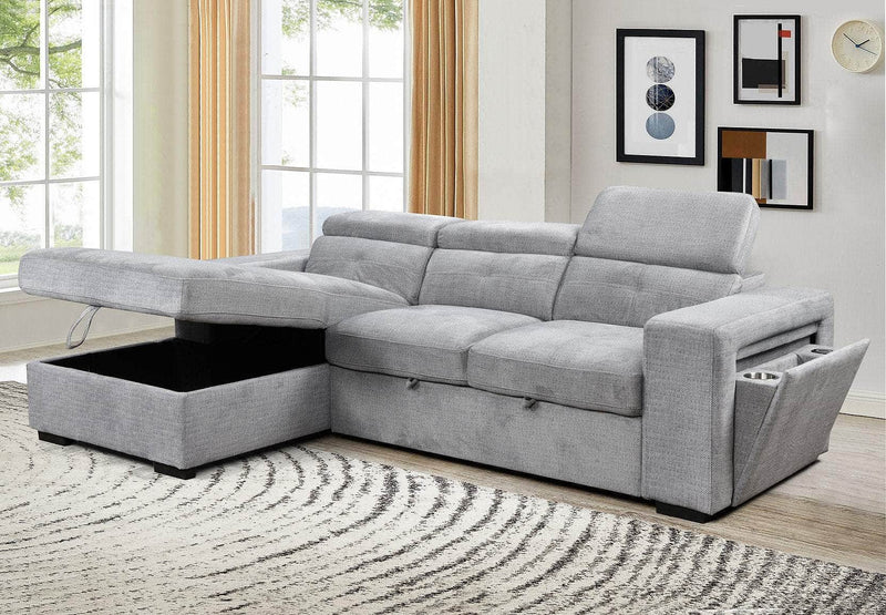 IFDC Sectional Okotoks Tufted Sleeper Sectional Sofa Bed with Cupholder, Charger, Adjustable Headrests and Storage Chaise in Grey - Available in 2 Configurations