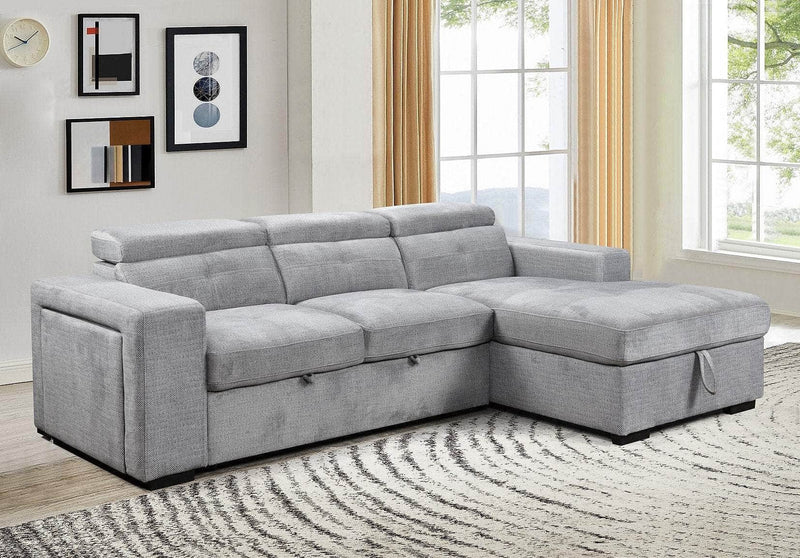 IFDC Sectional Right Facing Chaise Okotoks Tufted Sleeper Sectional Sofa Bed with Cupholder, Charger, Adjustable Headrests and Storage Chaise in Grey - Available in 2 Configurations