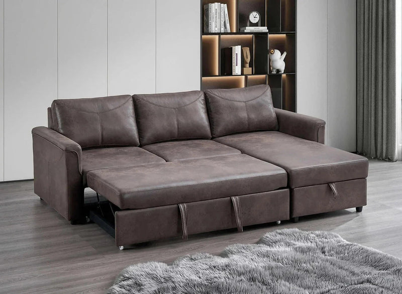 IFDC Sectional Thorold 93" Brown Sectional Sofa Bed with Storage Chaise and Drop Down Cup Holders - Available in 2 Configurations