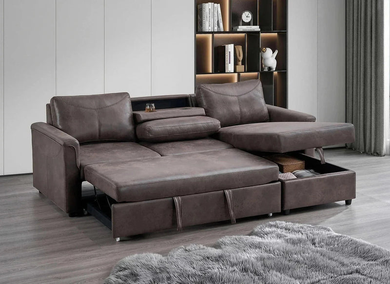 IFDC Sectional Thorold 93" Brown Sectional Sofa Bed with Storage Chaise and Drop Down Cup Holders - Available in 2 Configurations