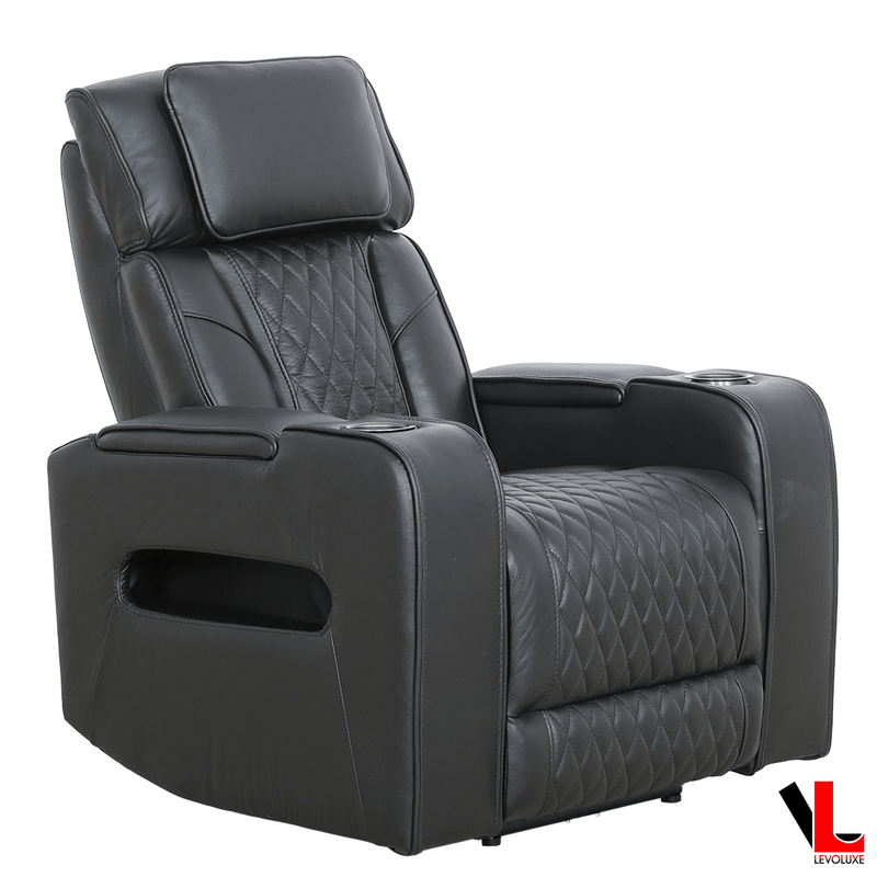 Levoluxe Chair Black Colton 37" Leather Match Power Glider Reclining Chair with Power Headrest, Cupholders and Storage
