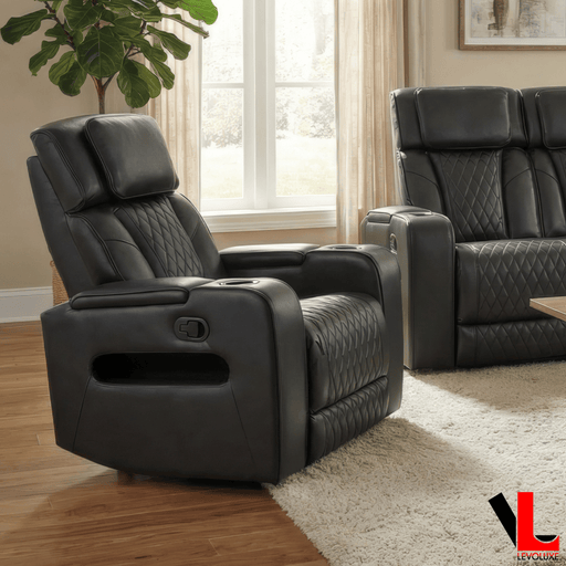 Levoluxe Chair Colton 37" Power Glider Reclining Chair with Power Headrest, Cupholders and Storage in Black Leather Match