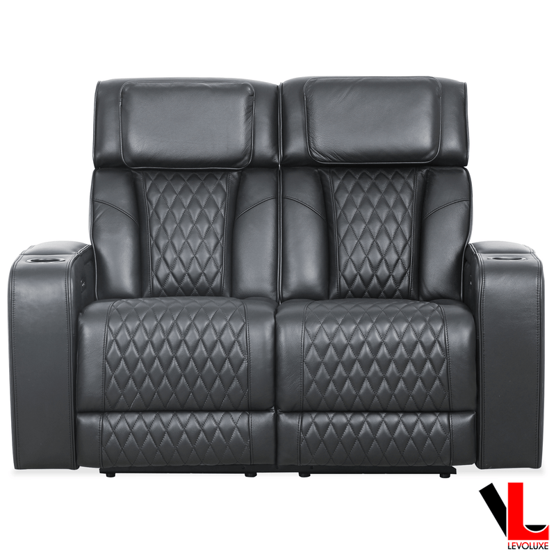 Levoluxe Loveseat Colton 58" Power Reclining 2 Seater Loveseat with Power Headrest, Cupholders and Storage in Black Leather Match