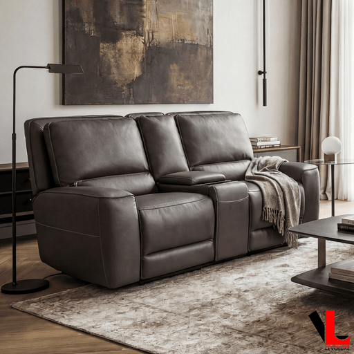 Levoluxe Loveseat Odessa 81" Power Reclining 2 Seater Loveseat with Storage Console and Power Headrests in Tex Grey Leather Match