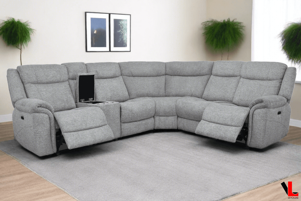 Levoluxe Braun Corner Sectional Sofa with Console Power Recliners and Power Headrests in Tweed Ash Fabric Inclinable Electrique Sectionnel Wholesale Furniture Brokers Canada