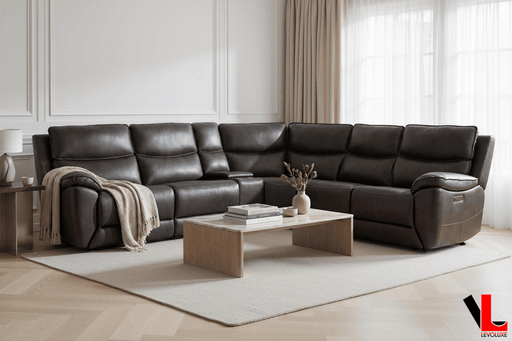 Levoluxe Sectional Knox 129" Wide Power Reclining Corner Sectional Sofa with Power Headrests and Storage Console in Espresso Leather Match