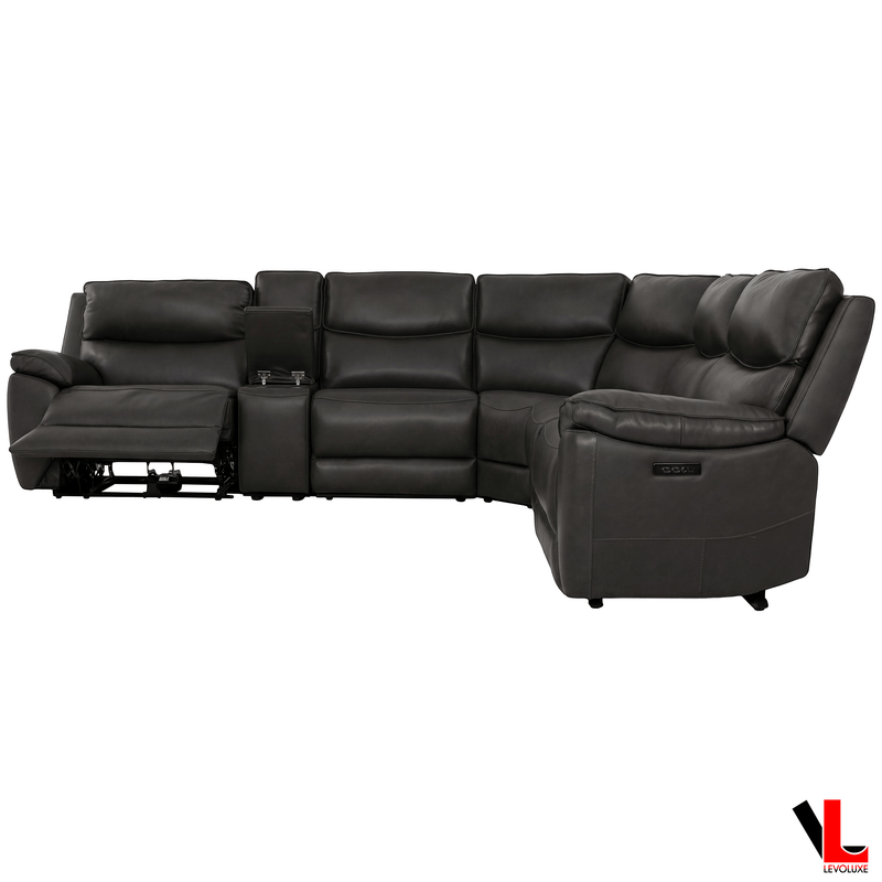 Levoluxe Sectional Knox 129" Wide Power Reclining Corner Sectional Sofa with Power Headrests and Storage Console in Espresso Leather Match