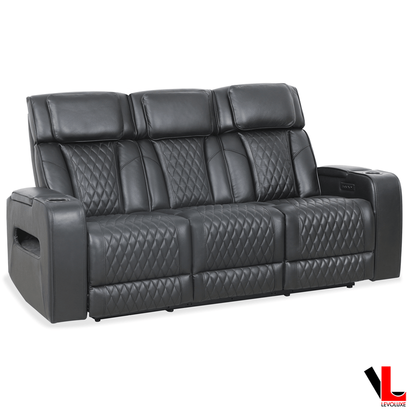 Levoluxe Sofa Colton 78" Power Reclining 3 Seater Sofa with 2 Power Headrests, Cupholders, Storage and Drop Down Tray in Black Leather Match