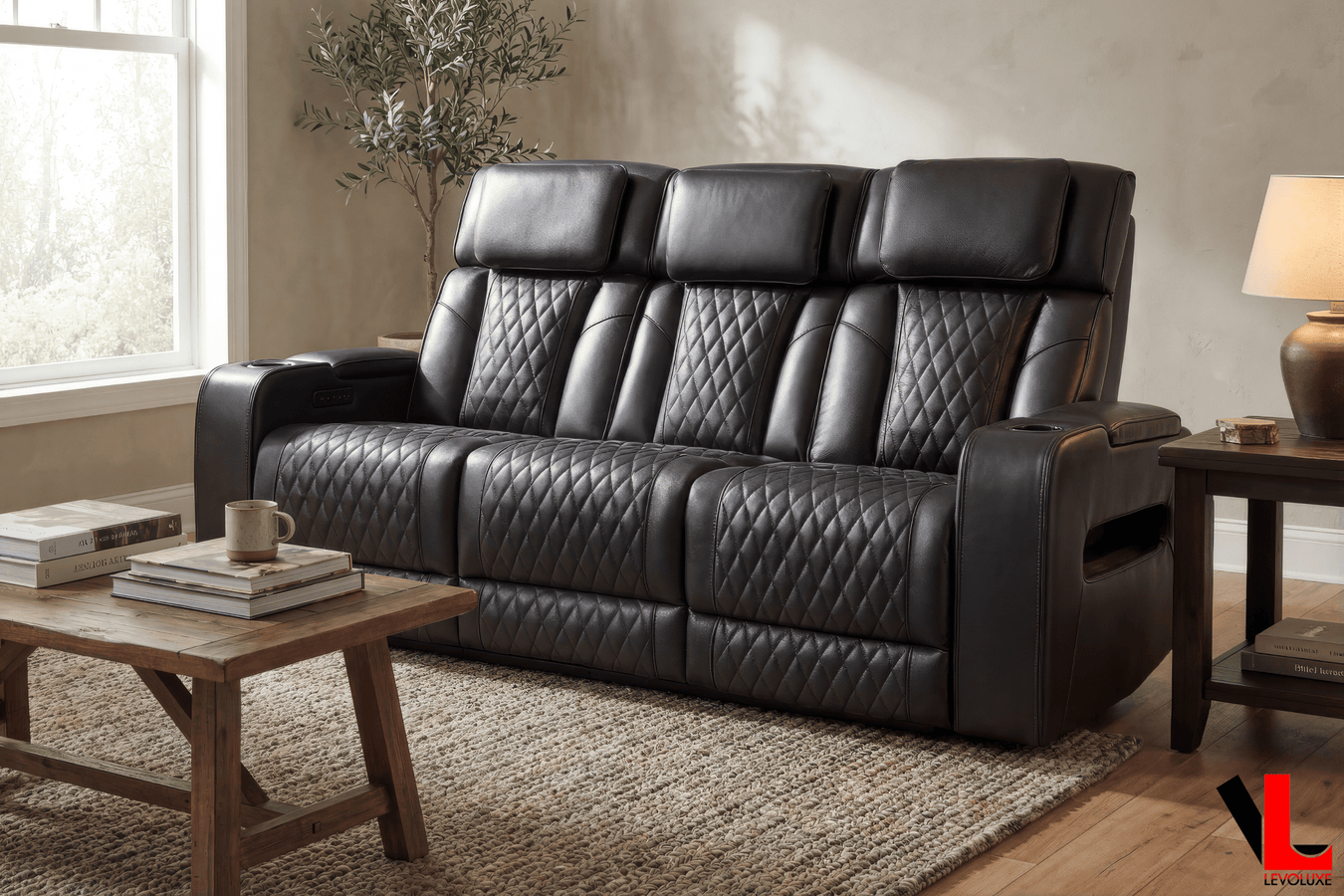 Levoluxe Colton 78" Leather Match Power Reclining 3 Seater Sofa with 2 Power Headrests, Cupholders, Storage and Drop Down Tray, image 1