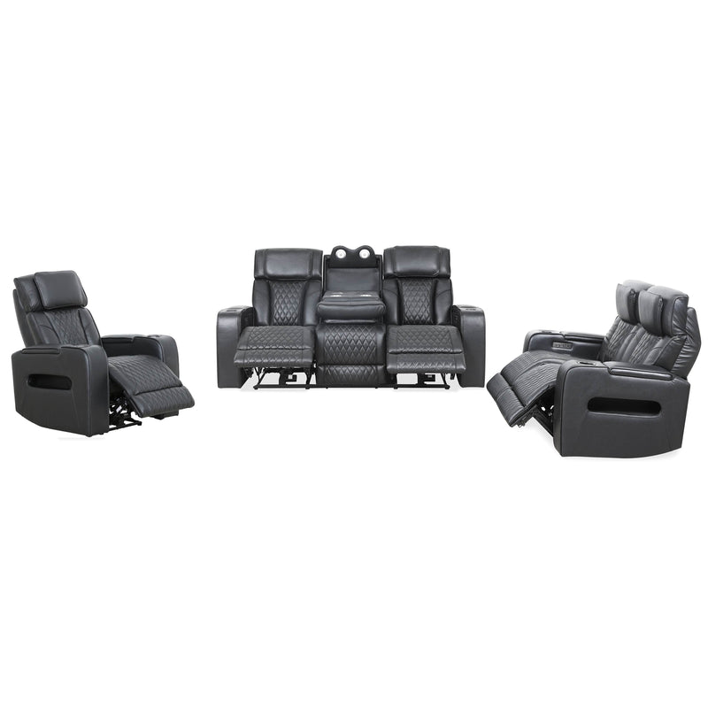 Levoluxe Sofa Set Black Colton 3 Piece Power Reclining Sofa, Loveseat and Chair Set with Power Headrest, Cupholders and Storage in Leather Match