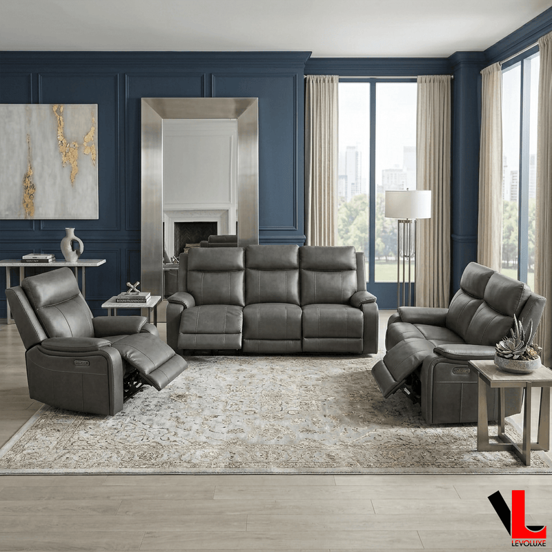 Levoluxe Sofa Set Brindle 3 Piece Power Reclining Sofa, Loveseat and Chair Set in Charcoal Leather Match