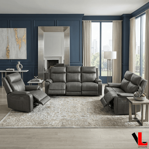 Levoluxe Sofa Set Brindle 3 Piece Power Reclining Sofa, Loveseat and Chair Set in Charcoal Leather Match