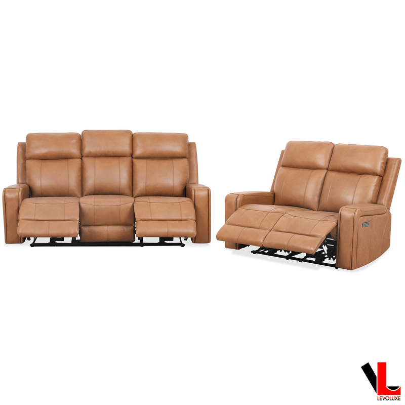 Levoluxe Sofa Set Cavron 2 Piece Power Reclining Sofa and Loveseat Set with Power Headrests in Cognac Leather Match